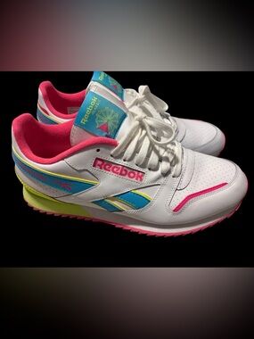 Reebok White Sneakers with Pink, Blue & Yellow Accents